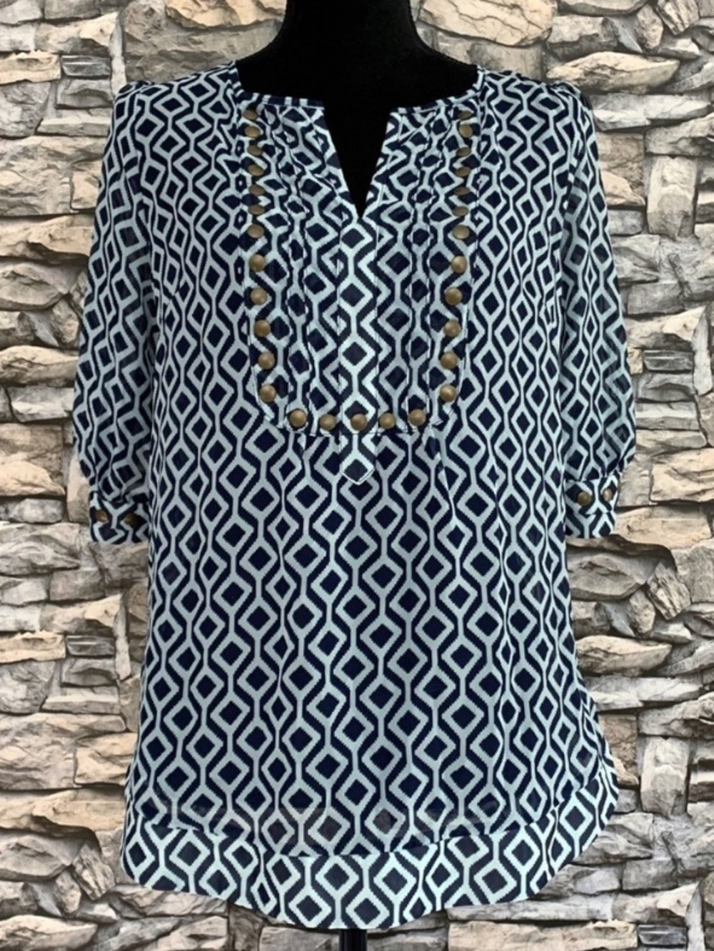 #29 41 Hawthorn Navy Sheer Jeweled Embellished Split Neck Blouse Shirt Top Small